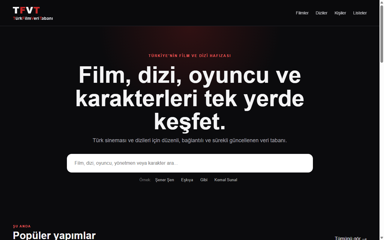 TFVT TürkFilmVeriTabanı Canlı Arayüzü